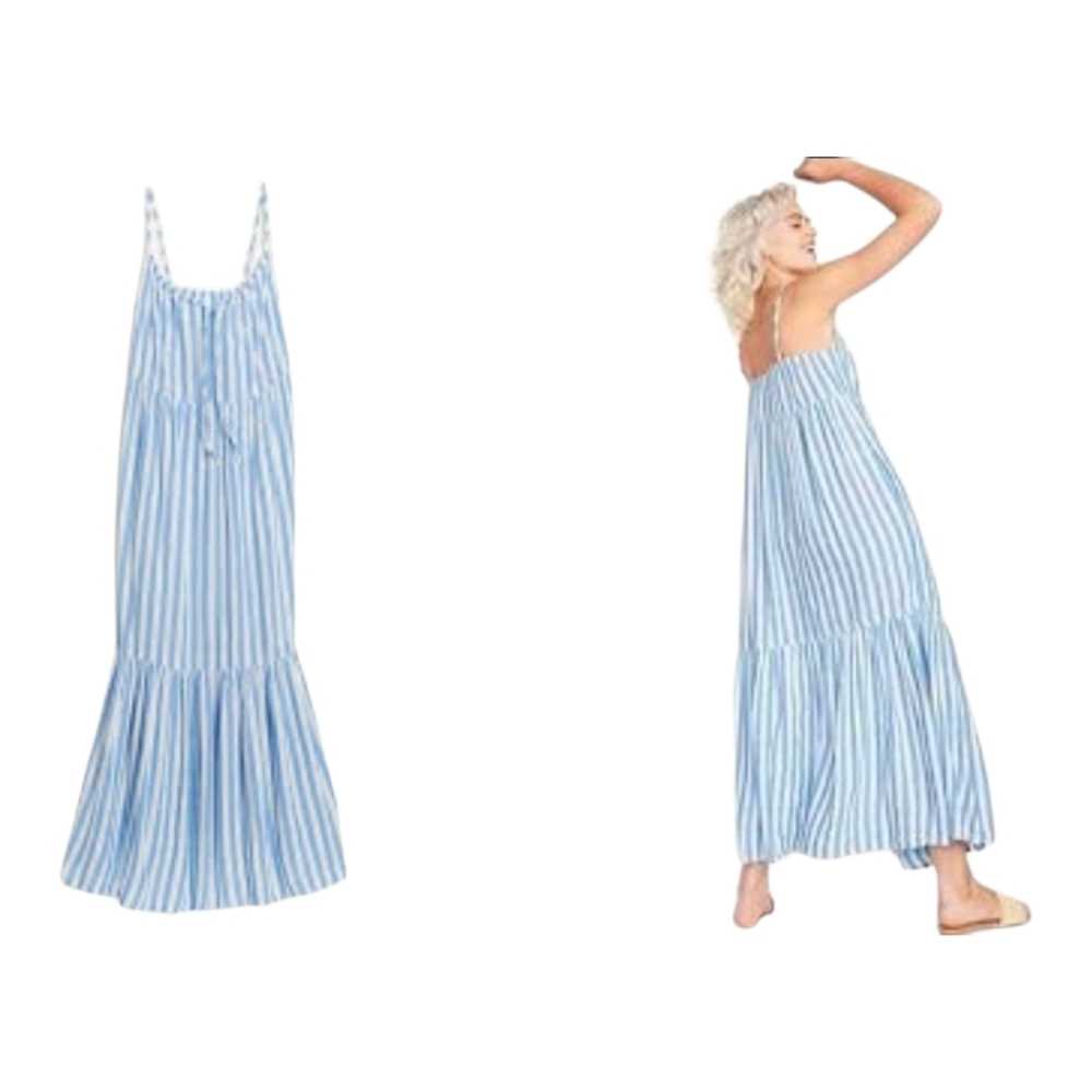 Old Navy Blue White Striped Tiered Coastal Boho Long Maxi Swing Dress Large - Picture 3 of 16